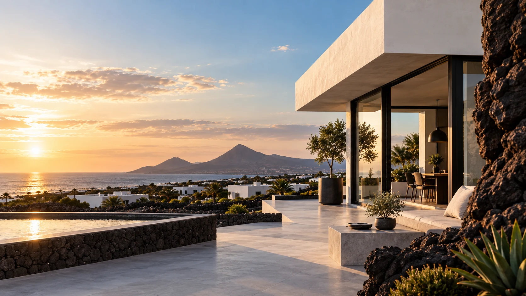 Arquitectura blanca, piedra volcánica y mar al atardecer