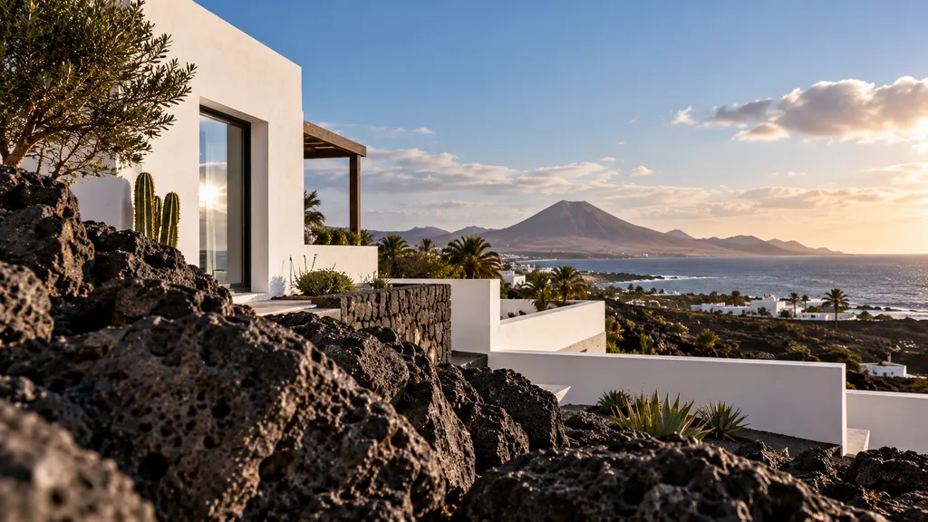 Piedra volcánica en primer plano, arquitectura blanca y paisaje costero